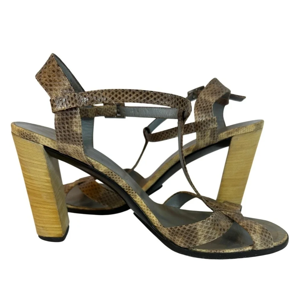 Gucci Womens Snakeskin Embossed T-Strap Block Heel Sandals Brown Tan Size 9